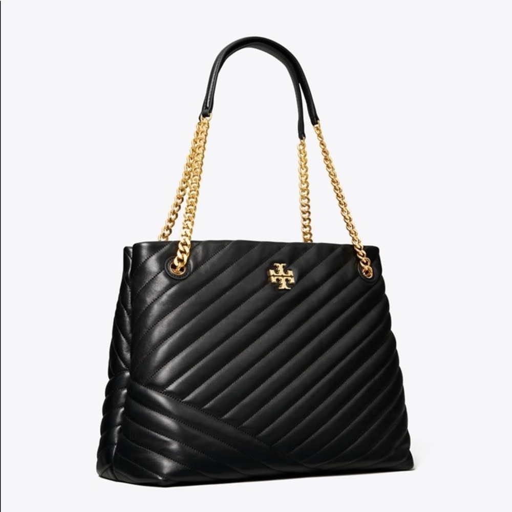 Tory Burch Kira Chevron Black Soft Leather Bag with Gold Chain Shoulder Straps